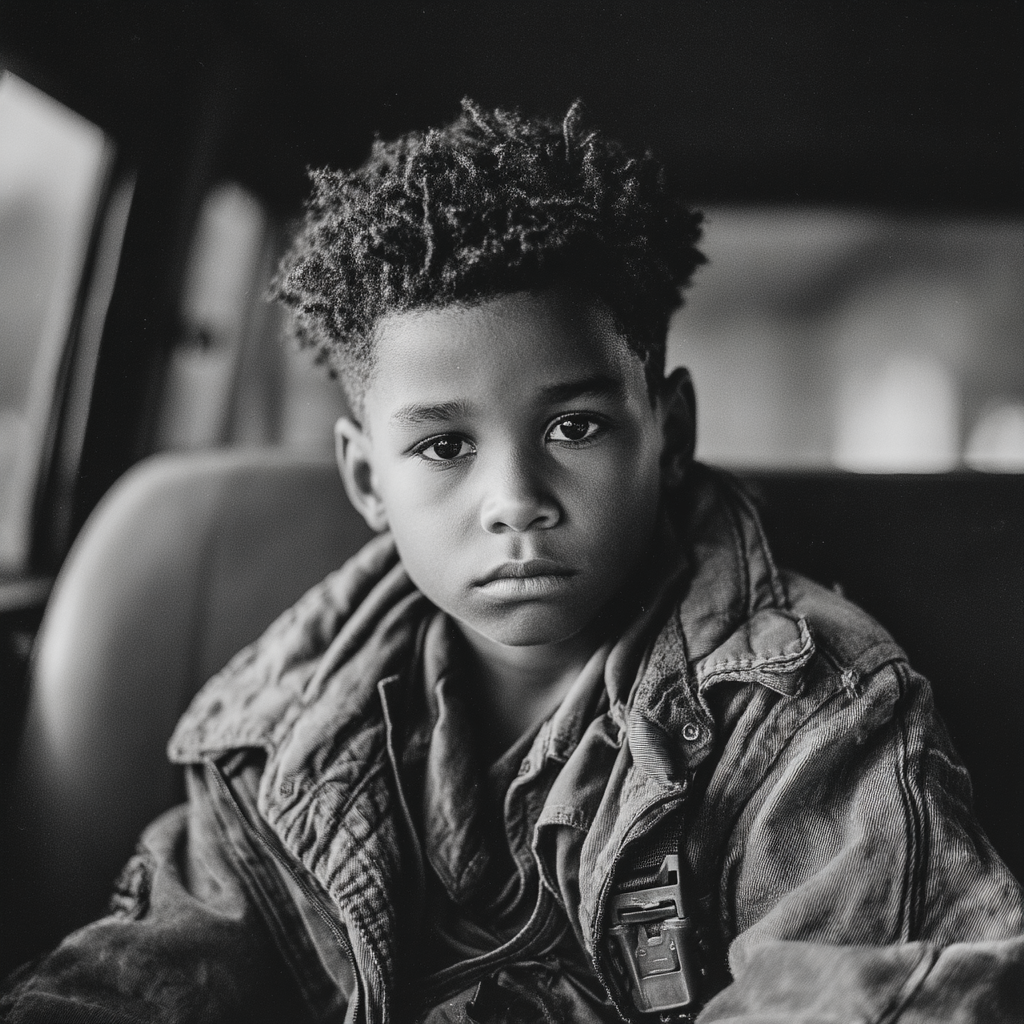 Un niño serio en el asiento trasero de un automóvil | Fuente: Midjourney