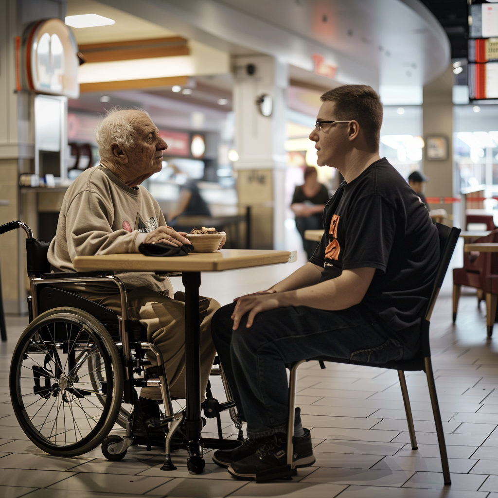 Un camarero de restaurante habla con un anciano en silla de ruedas | Fuente: Midjourney