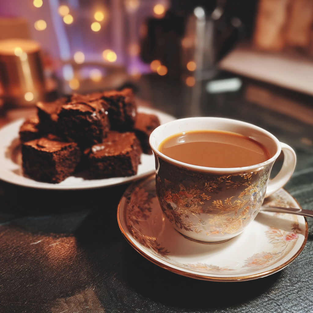 Té y brownies en una mesa de café | Fuente: Midjourney