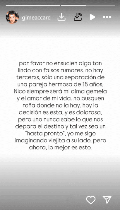 Comunicado de Gimena Accardi sobre su separación de Nicolás Vázquez | Fuente: Instagram Stories/nicovazquezok