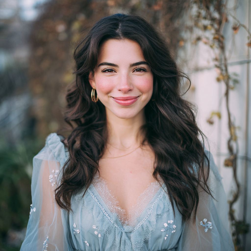 Una mujer sonriente con un vestido azul suave | Fuente: Midjourney