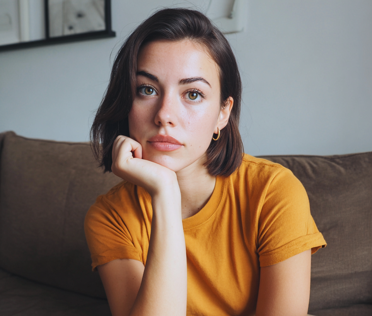 Una mujer pensativa sentada en un sofá | Fuente: Midjourney