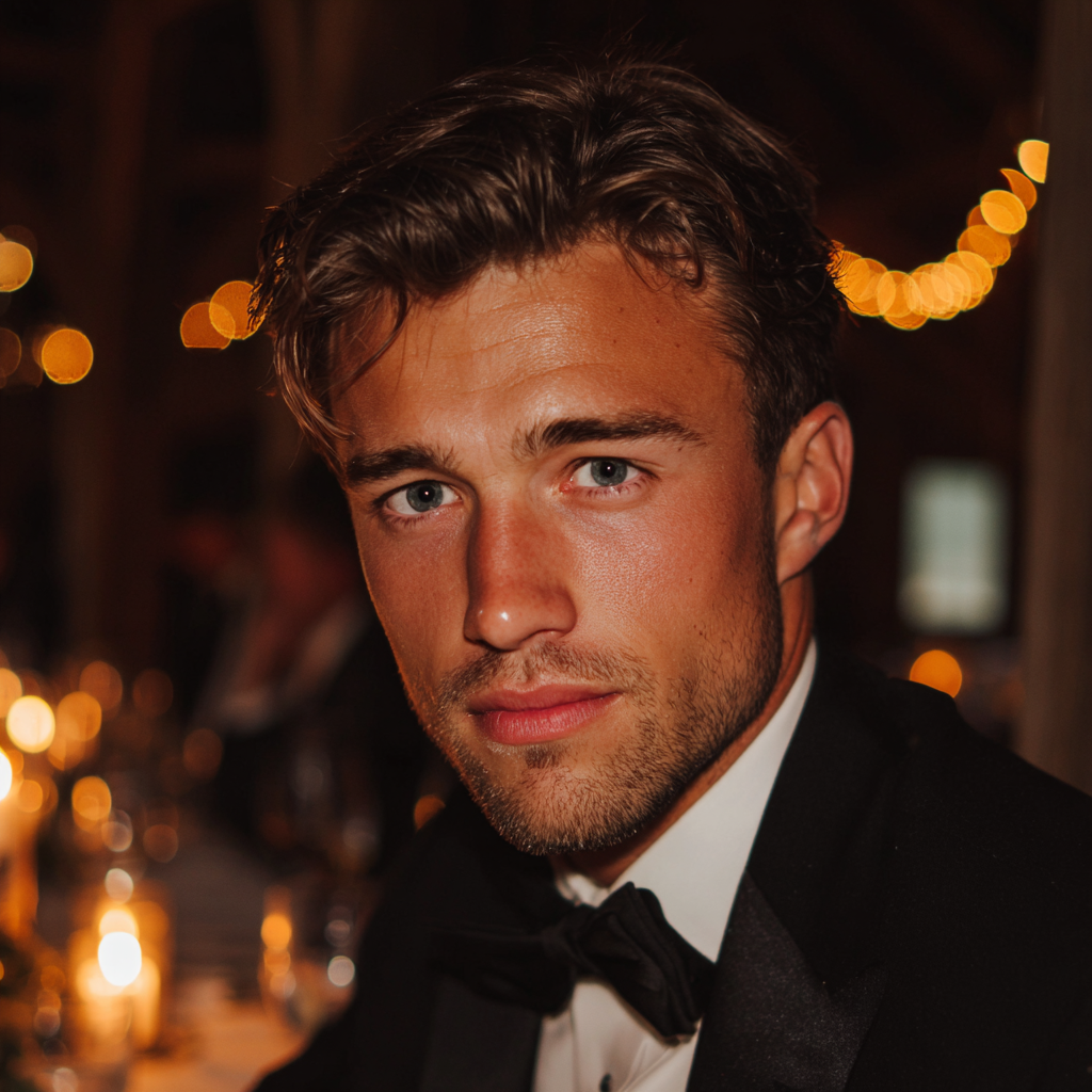 Primer plano de un novio con esmoquin negro | Fuente: Midjourney