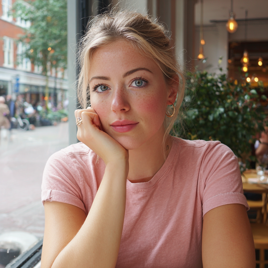 Una mujer sentada en un café | Fuente: Midjourney