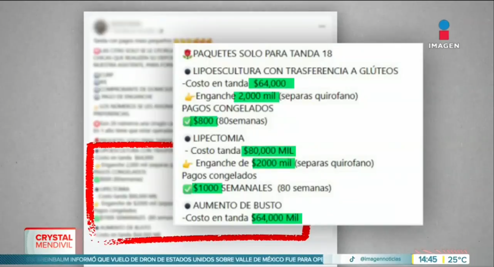 Muestras de los costos de cirugías estéticas | Fuente: x.com/ImagenTVMex