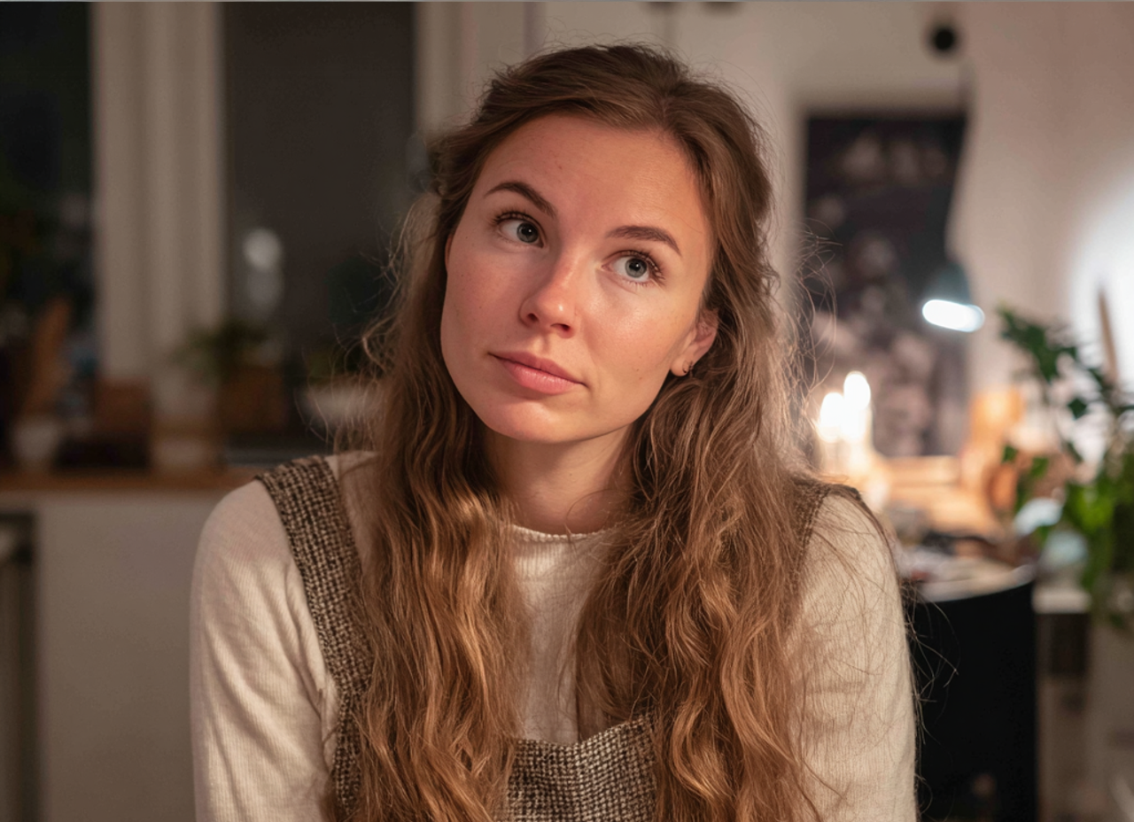 Una mujer pensativa sentada a una mesa | Fuente: Midjourney