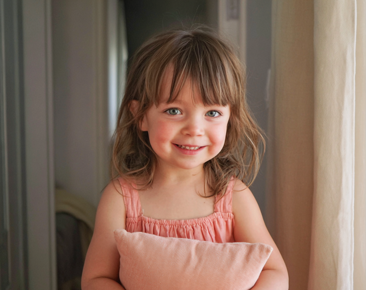 Una niña sonriente llevando un cojín | Fuente: Midjourney