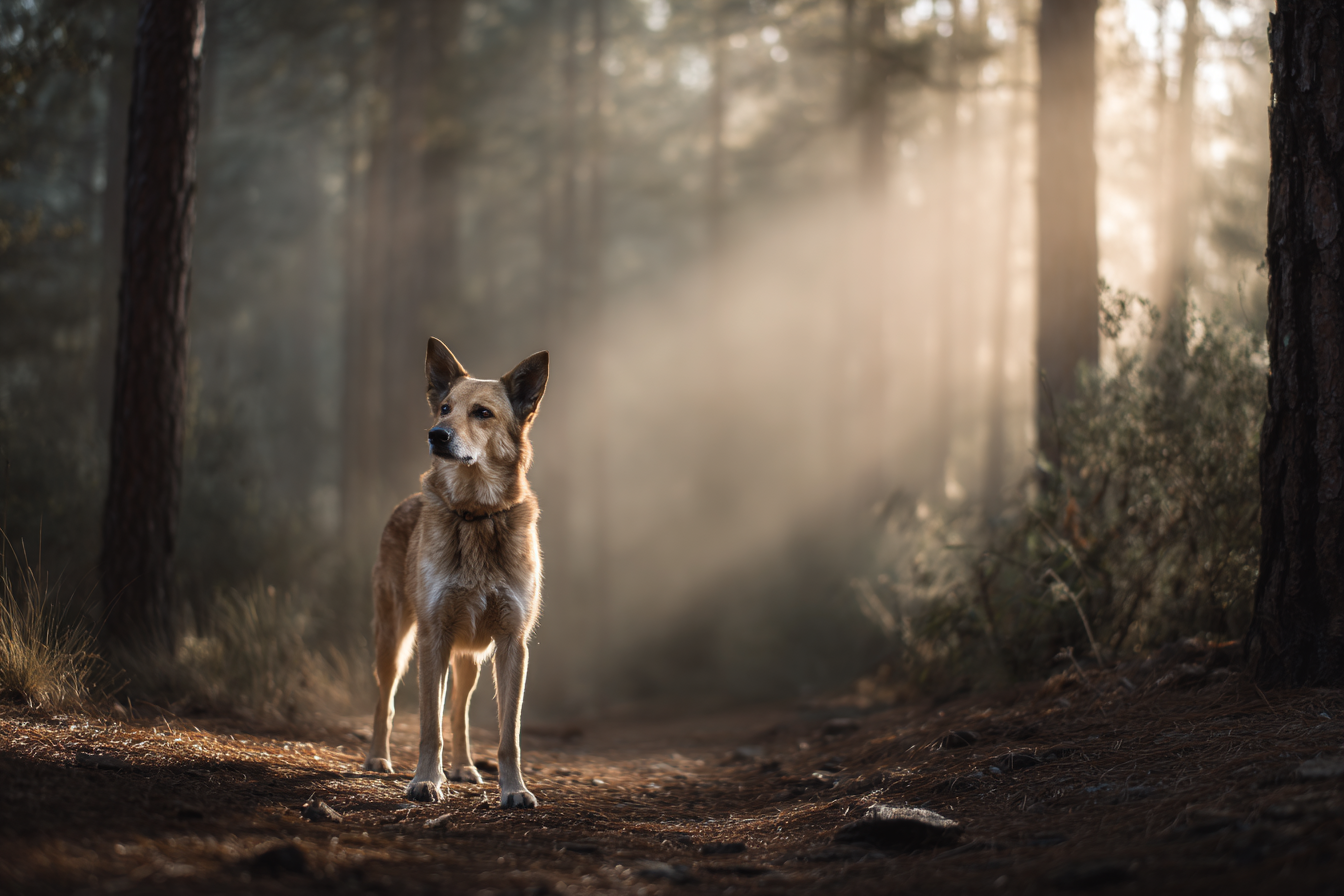 Un perro de pie en un bosque | Fuente: Midjourney