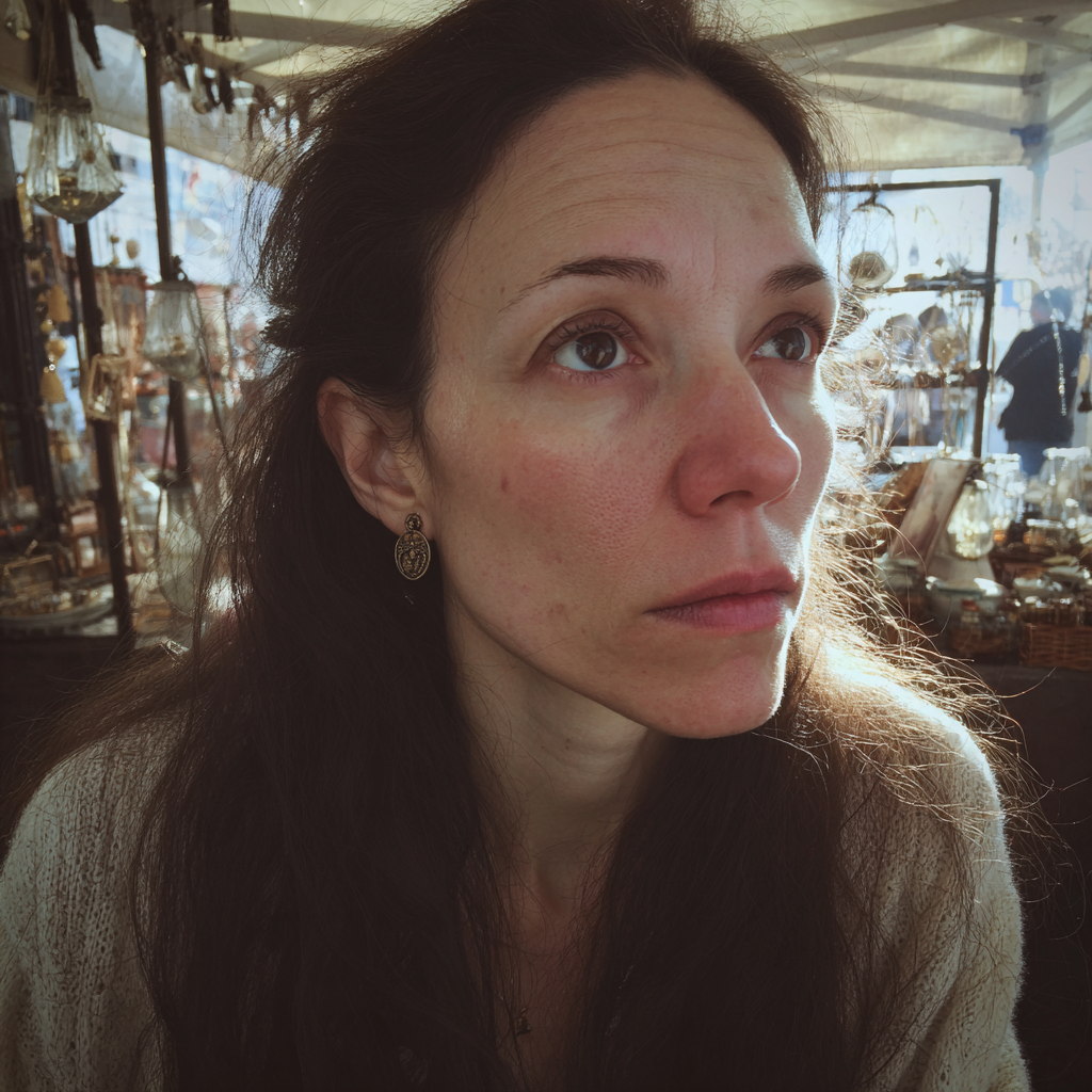 Mujer de pie en un puesto de un mercadillo | Fuente: Midjourney