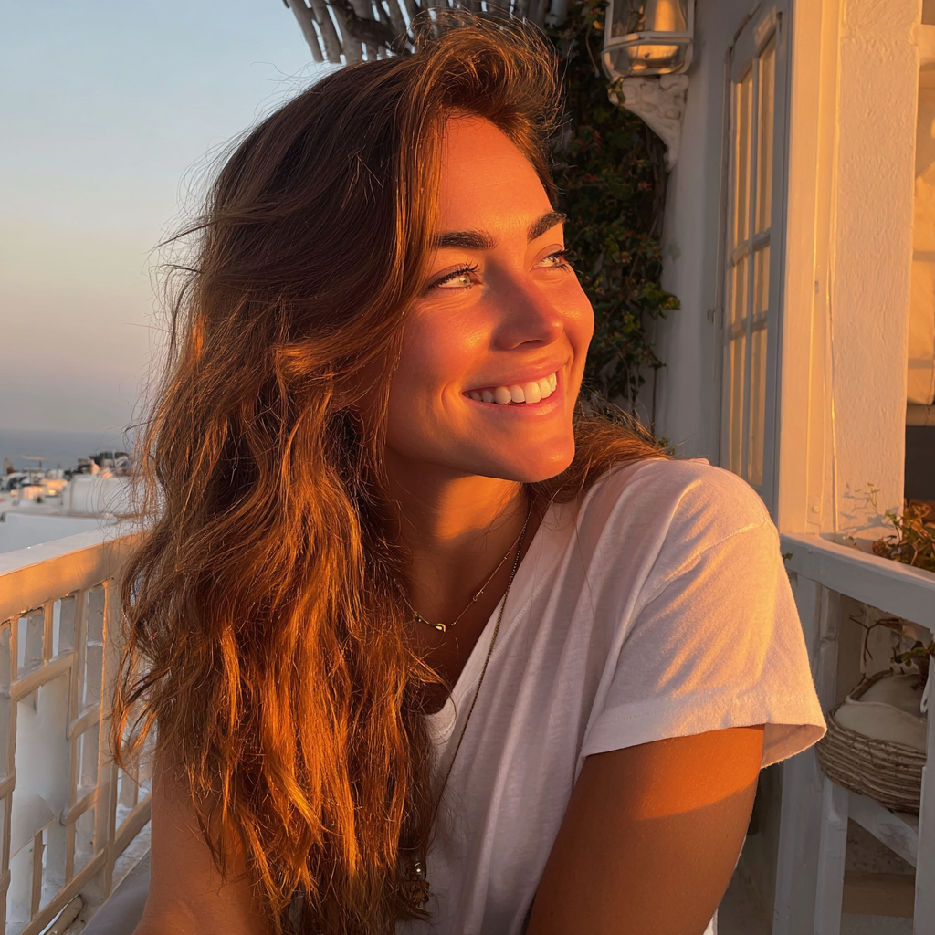 Una mujer sonriente sentada en un balcón | Fuente: Midjourney