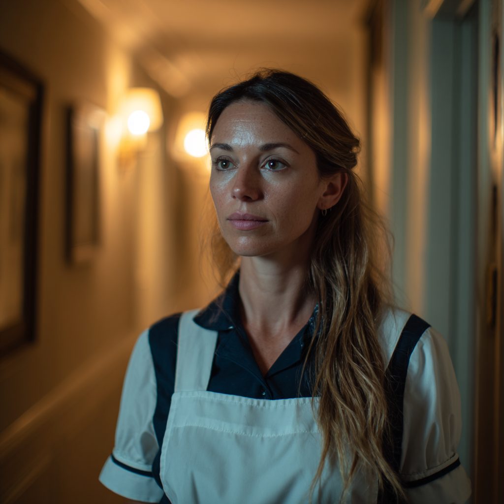 Una mujer pensativa con uniforme de camarera | Fuente: Midjourney