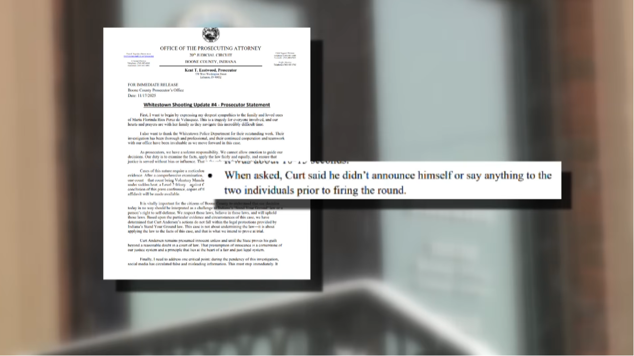 Documento con las declaraciones del acusado: "Cuando se le preguntó, Curt dijo que no se anunció ni dijo nada a los dos individuos antes de disparar" | Fuente: YouTube/WTHR
