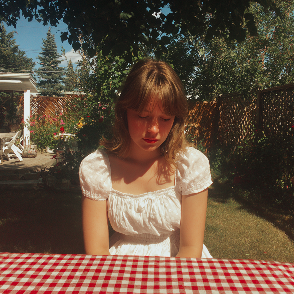Una mujer emocionada sentada en una mesa de picnic | Fuente: Midjourney