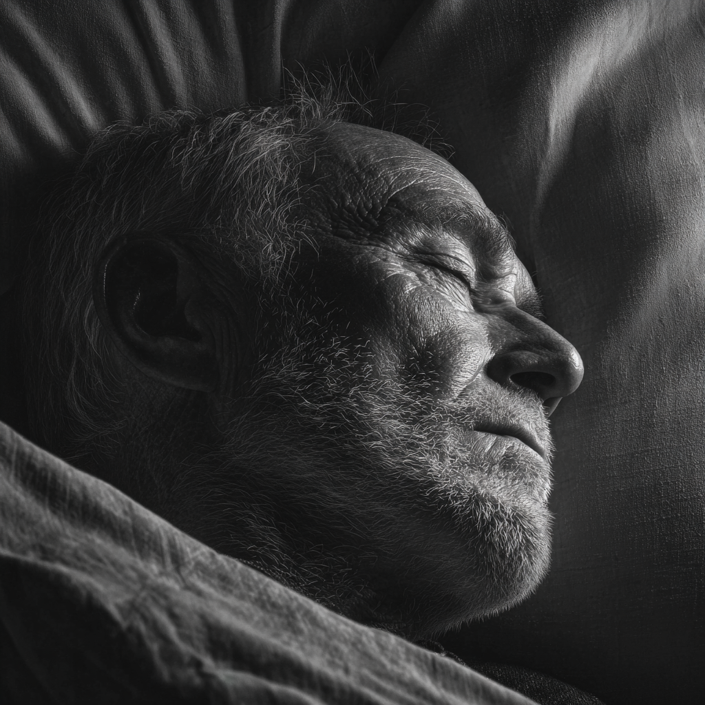 Toma en escala de grises de un anciano durmiendo | Fuente: Midjourney