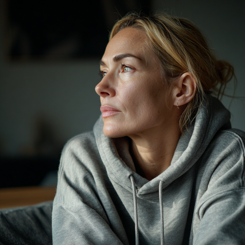 Una mujer emocional sentada en un sofá | Fuente: Midjourney