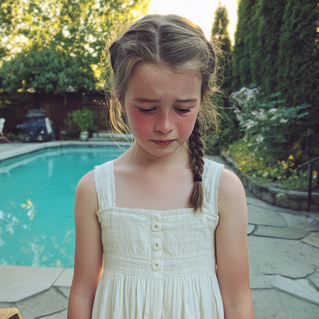 Una niña alterada junto a una piscina | Fuente: Midjourney