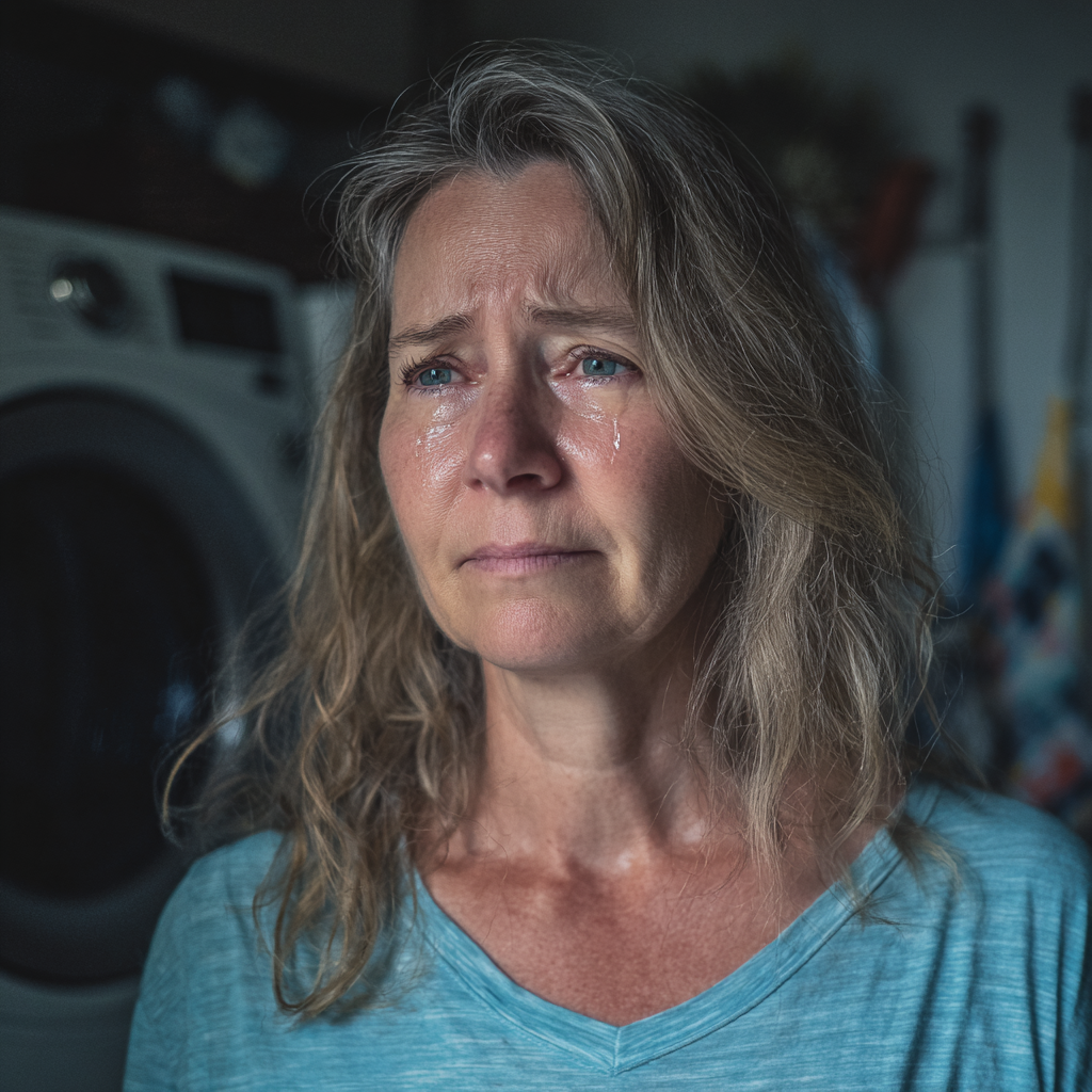 Una mujer llorando en una lavandería | Fuente: Midjourney