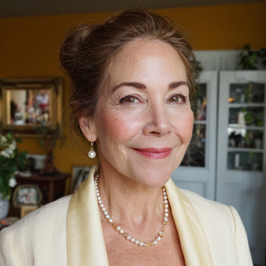Una mujer mayor sonriente que lleva perlas | Fuente: Midjourney