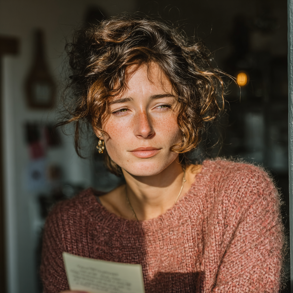 Una mujer entrecierra los ojos mientras lee una nota | Fuente: Midjourney