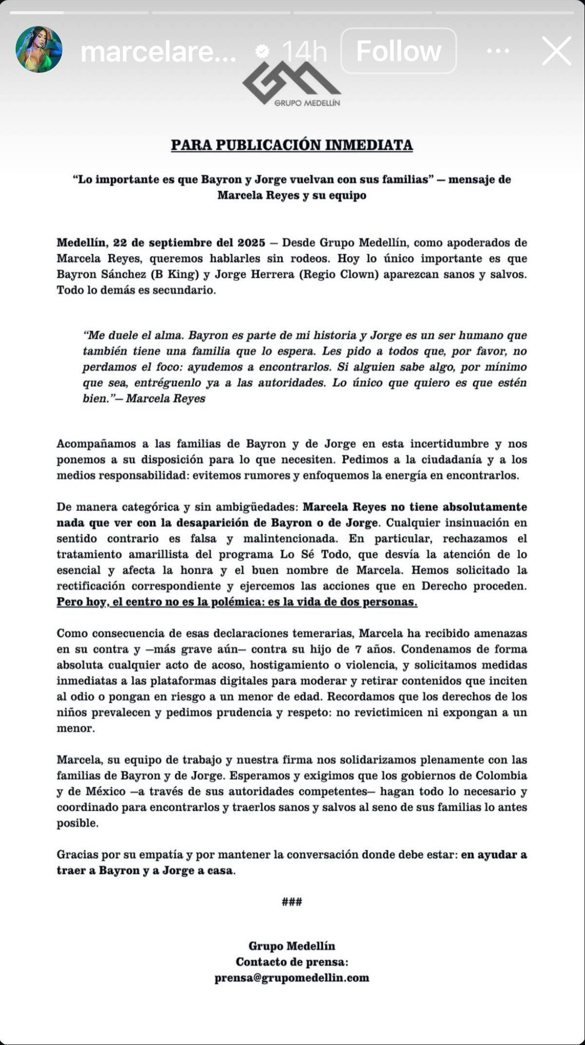 Comunicado de Marcela Reyes, exesposa de B King, tras la muerte del músico | Fuente: Instagram Stories/marcelareyes