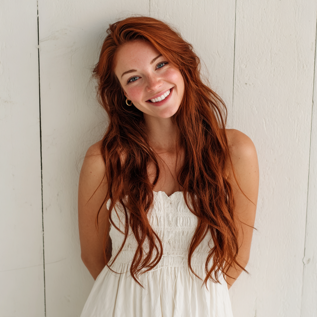 Una mujer sonriente con un vestido blanco | Fuente: Midjourney