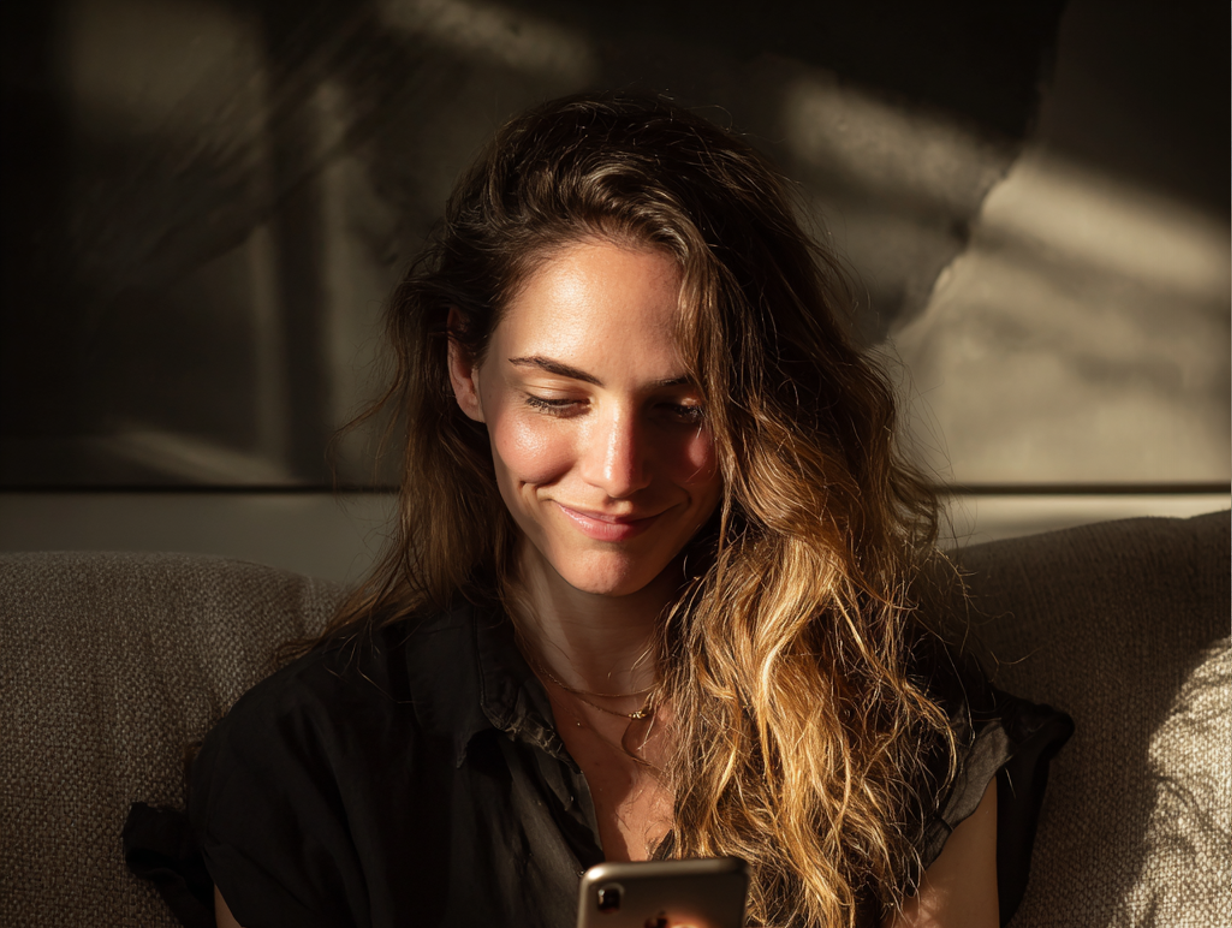 Una mujer divirtiéndose escribiendo en su teléfono | Fuente: Midjourney