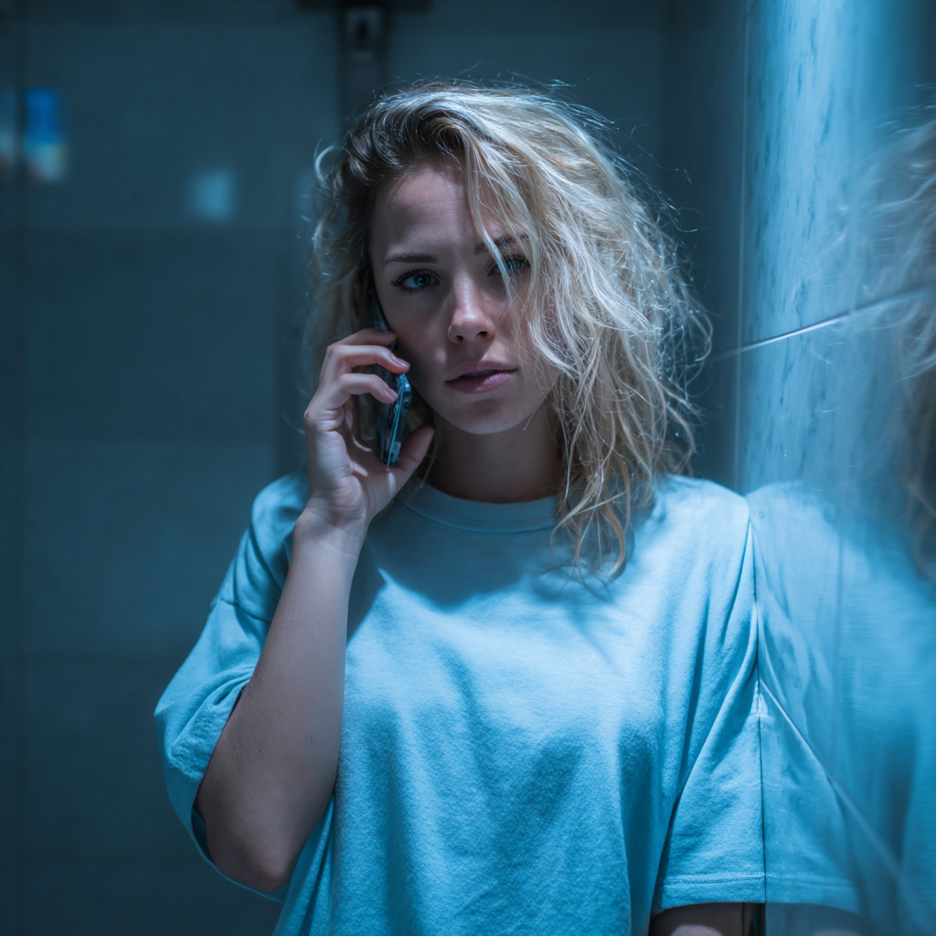 Una mujer de pie en un baño y hablando por teléfono | Fuente: Midjourney