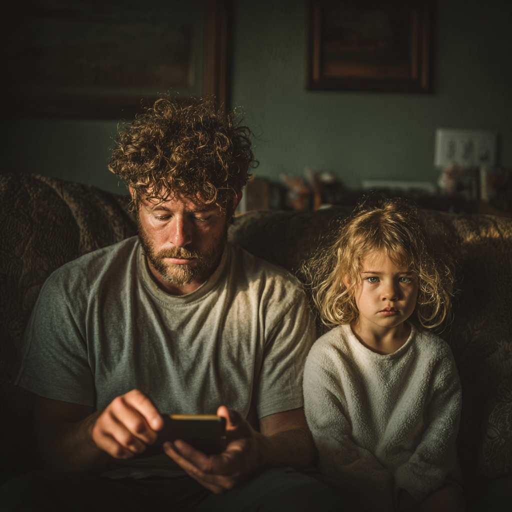 Un padre sentado con su hija triste | Fuente: Midjourney