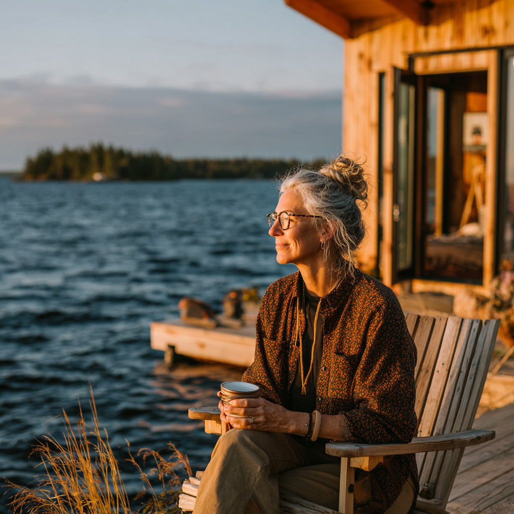 Una mujer feliz en el exterior de una cabaña junto al lago | Fuente: Midjourney
