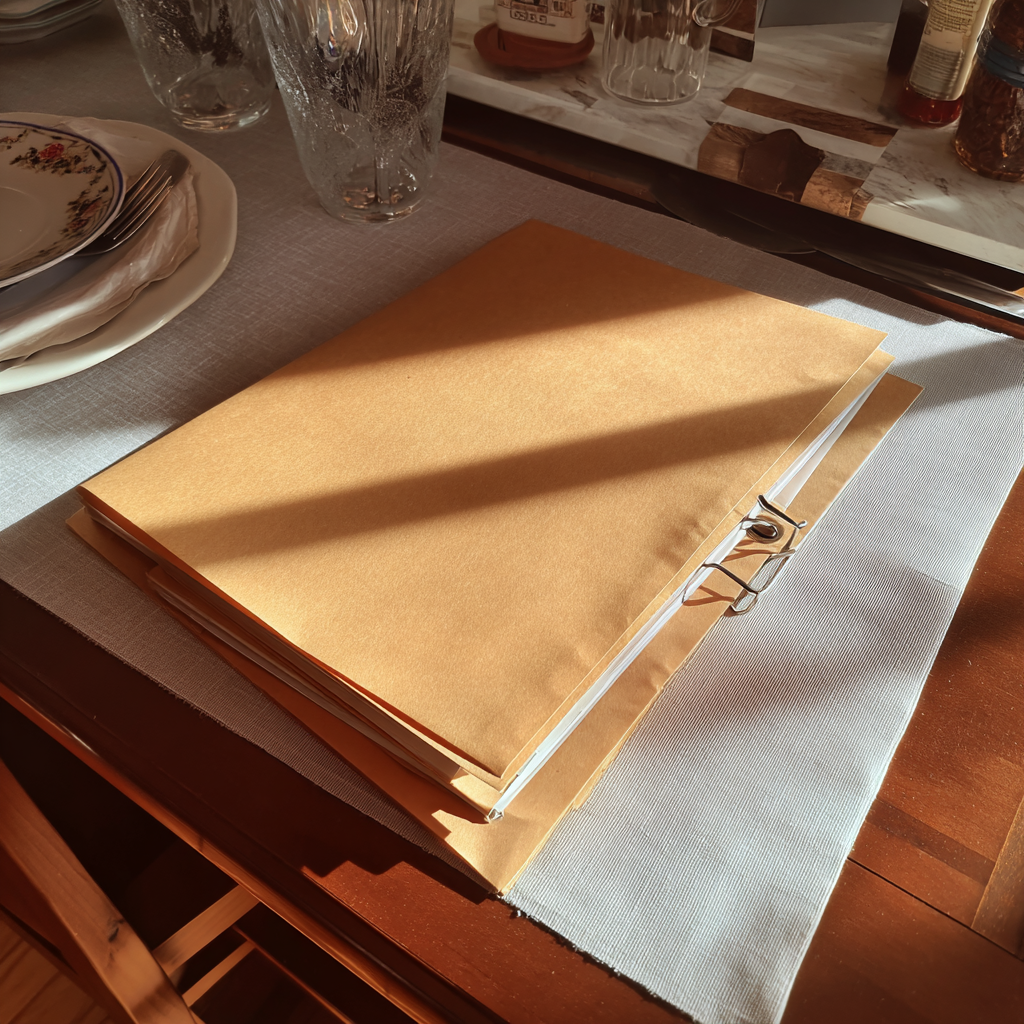 Una carpeta manila sobre una mesa de comedor | Fuente: Midjourney