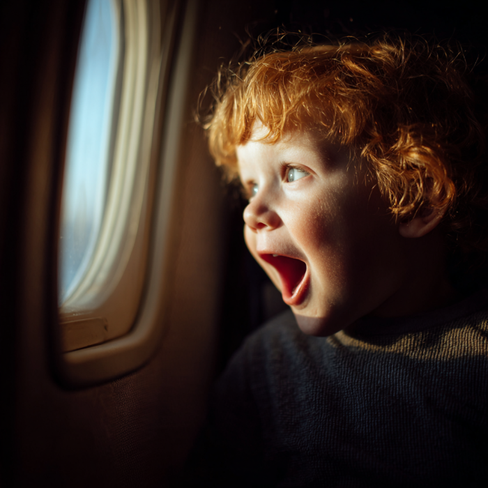 Un niño emocionado mirando por la ventanilla del avión | Fuente: Midjourney