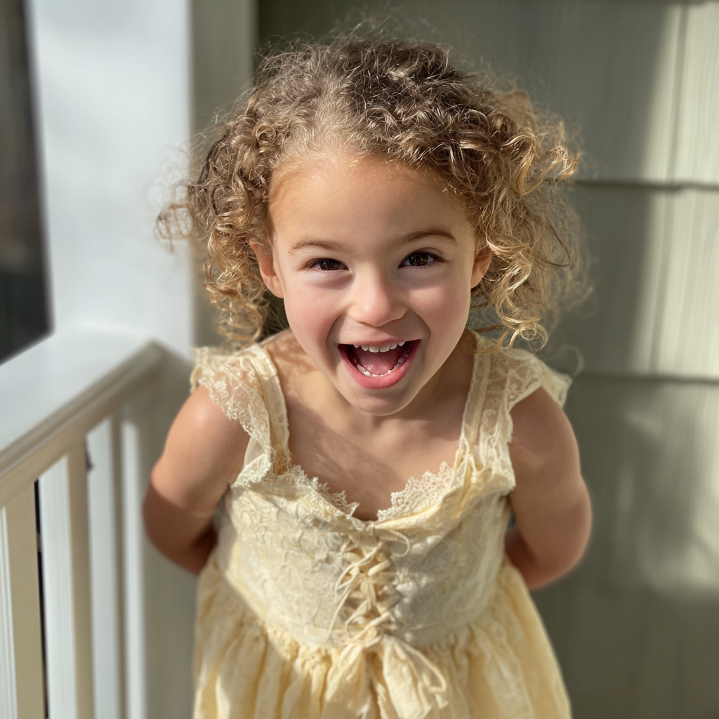 Una niña sonriente en un porche | Fuente: Midjourney
