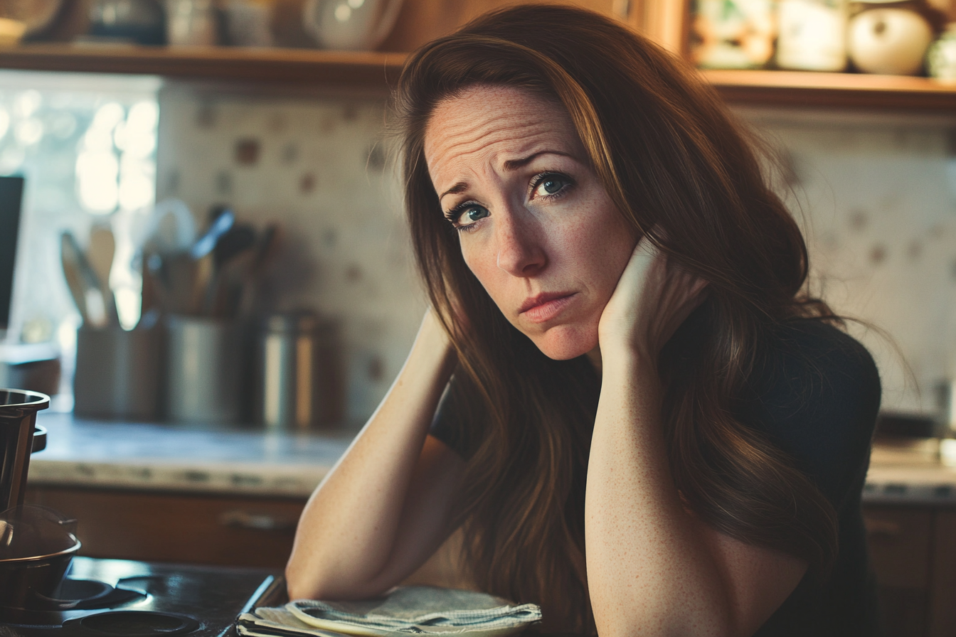 Una mujer con el ceño fruncido sentada a la mesa de la cocina | Fuente: Midjourney