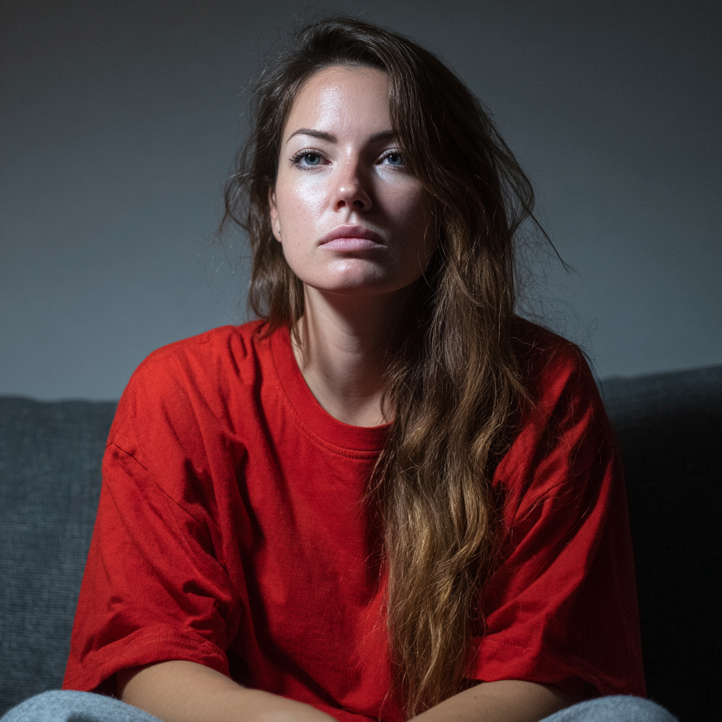 Una mujer pensativa sentada en un sofá | Fuente: Midjourney