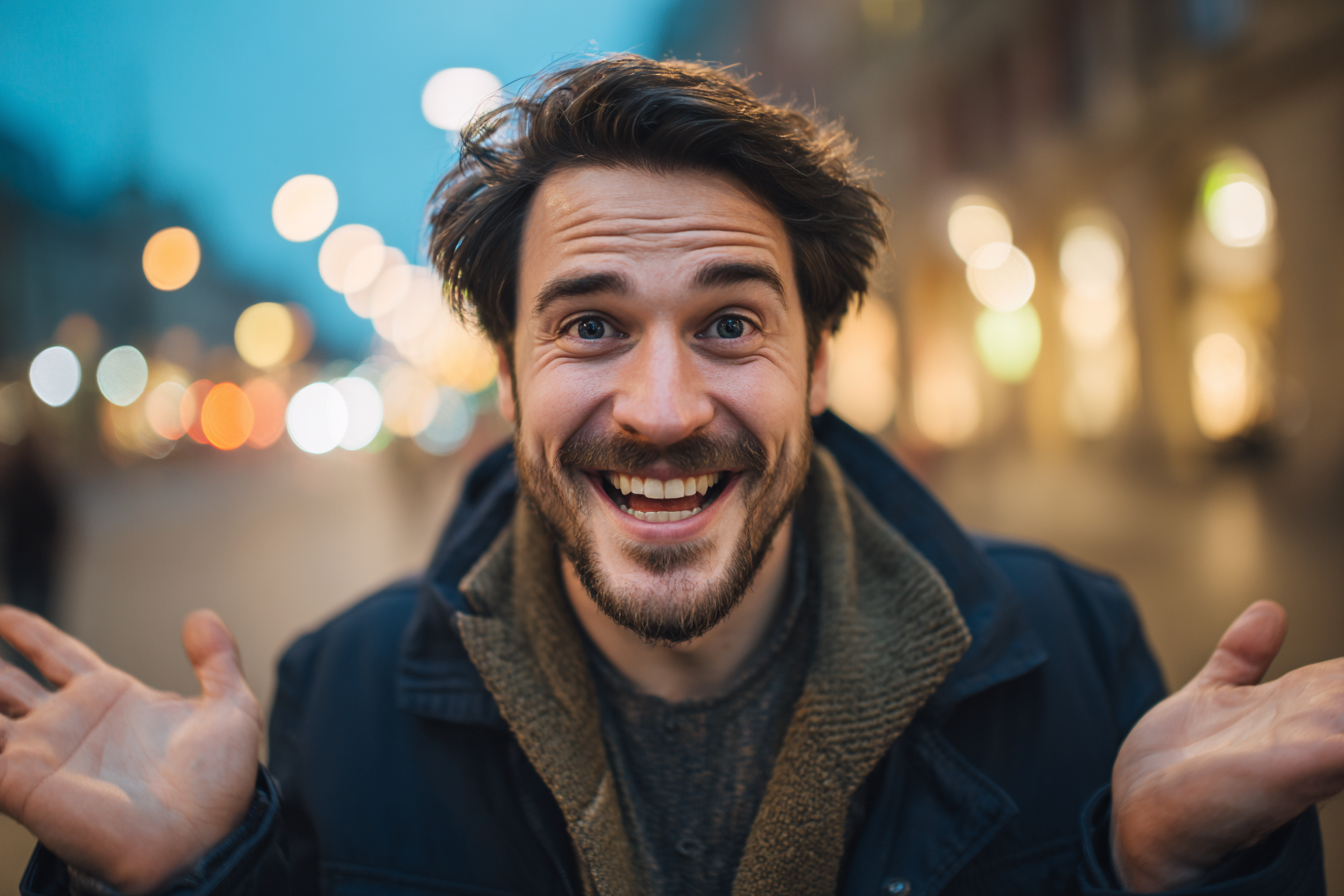 Un hombre sonriente gesticulando inocentemente | Fuente: Midjourney