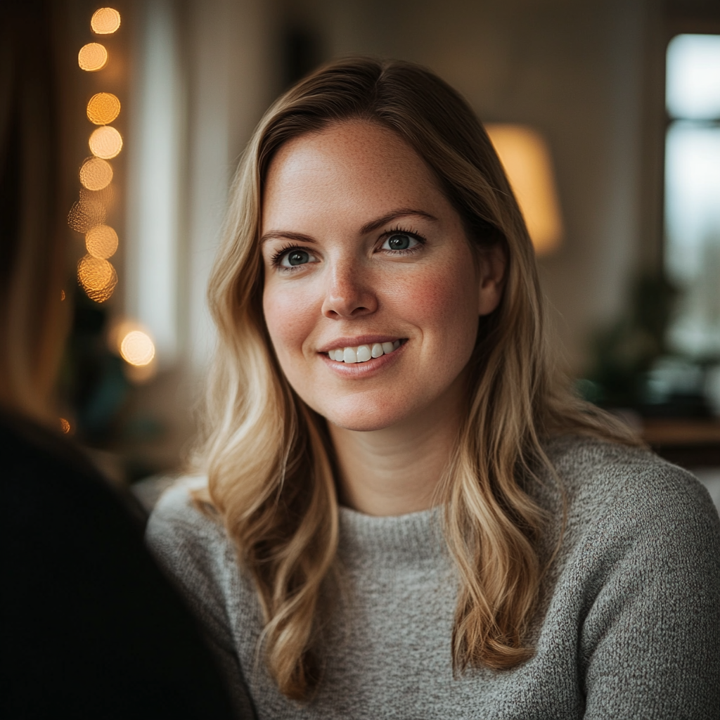 Una mujer sonríe suavemente mientras mira a su hija pequeña | Fuente: Midjourney