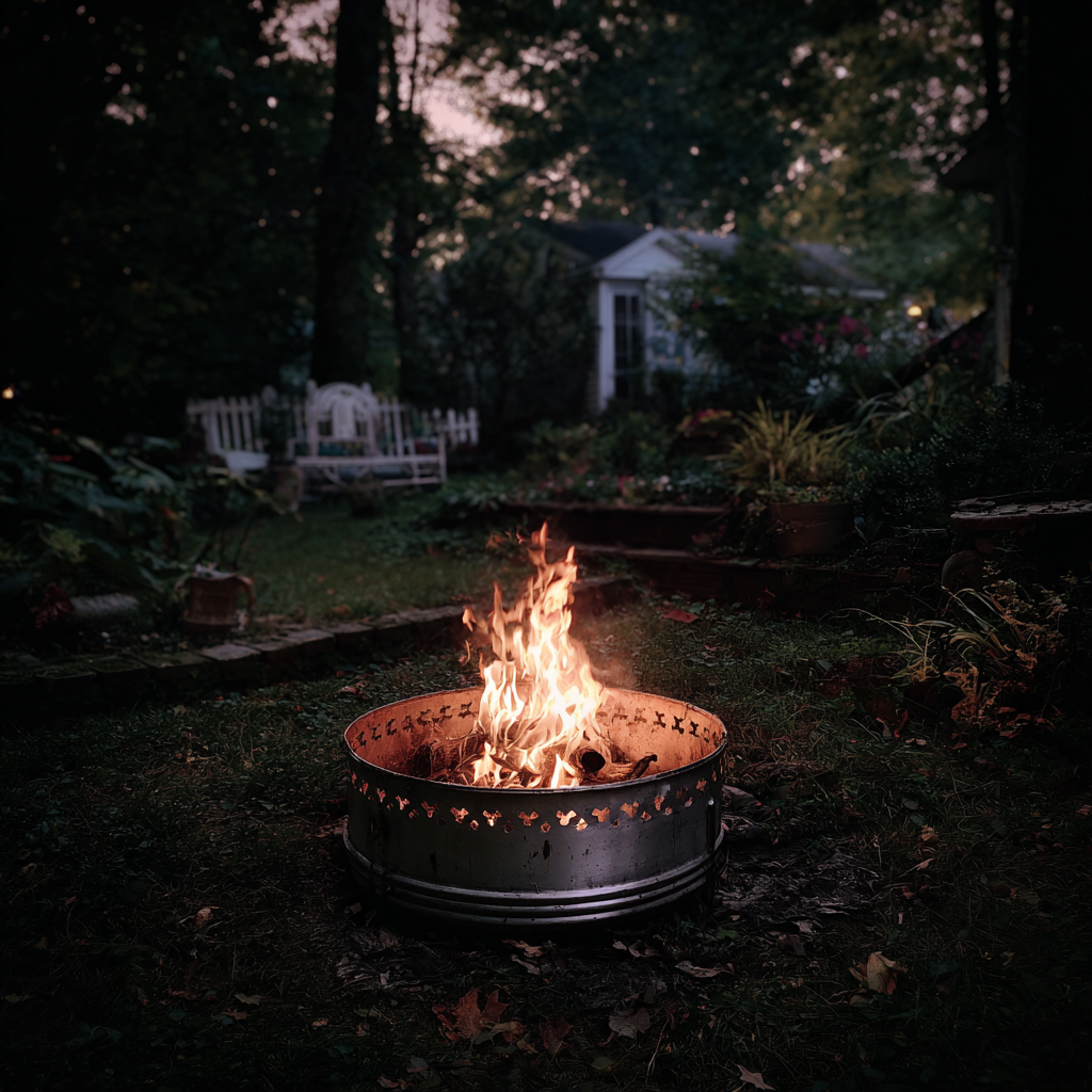 Una hoguera en un contenedor metálico en un patio trasero | Fuente: Midjourney