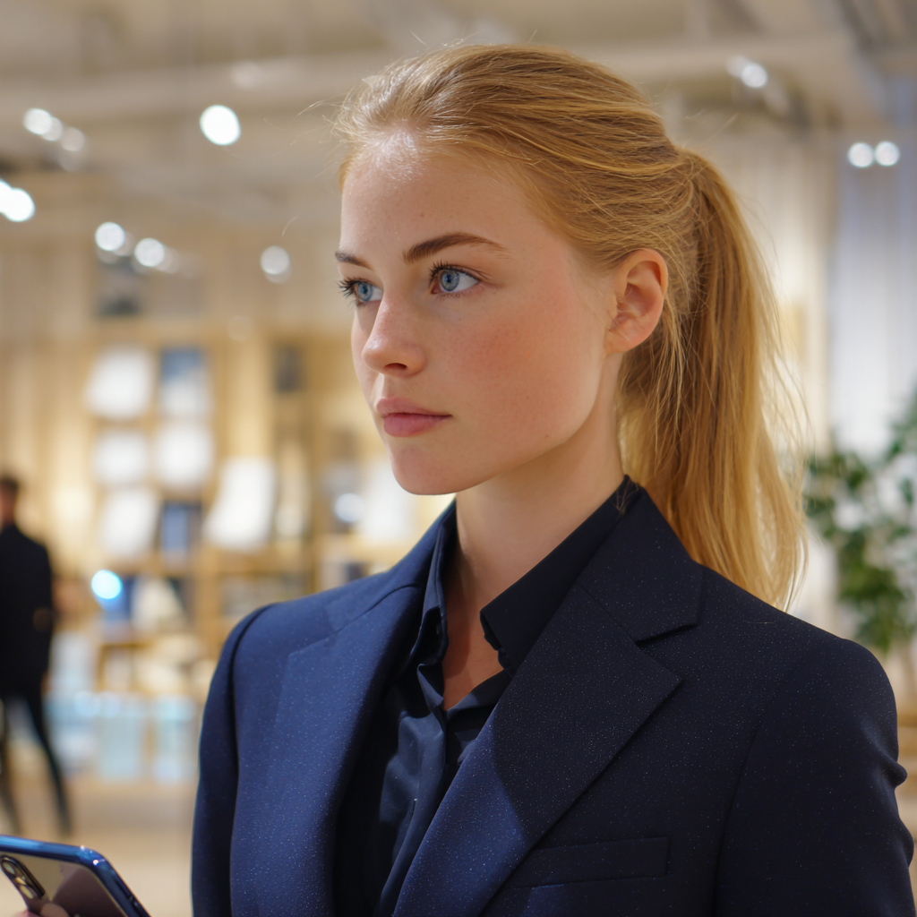 Una mujer severa vestida con un traje azul marino | Fuente: Midjourney