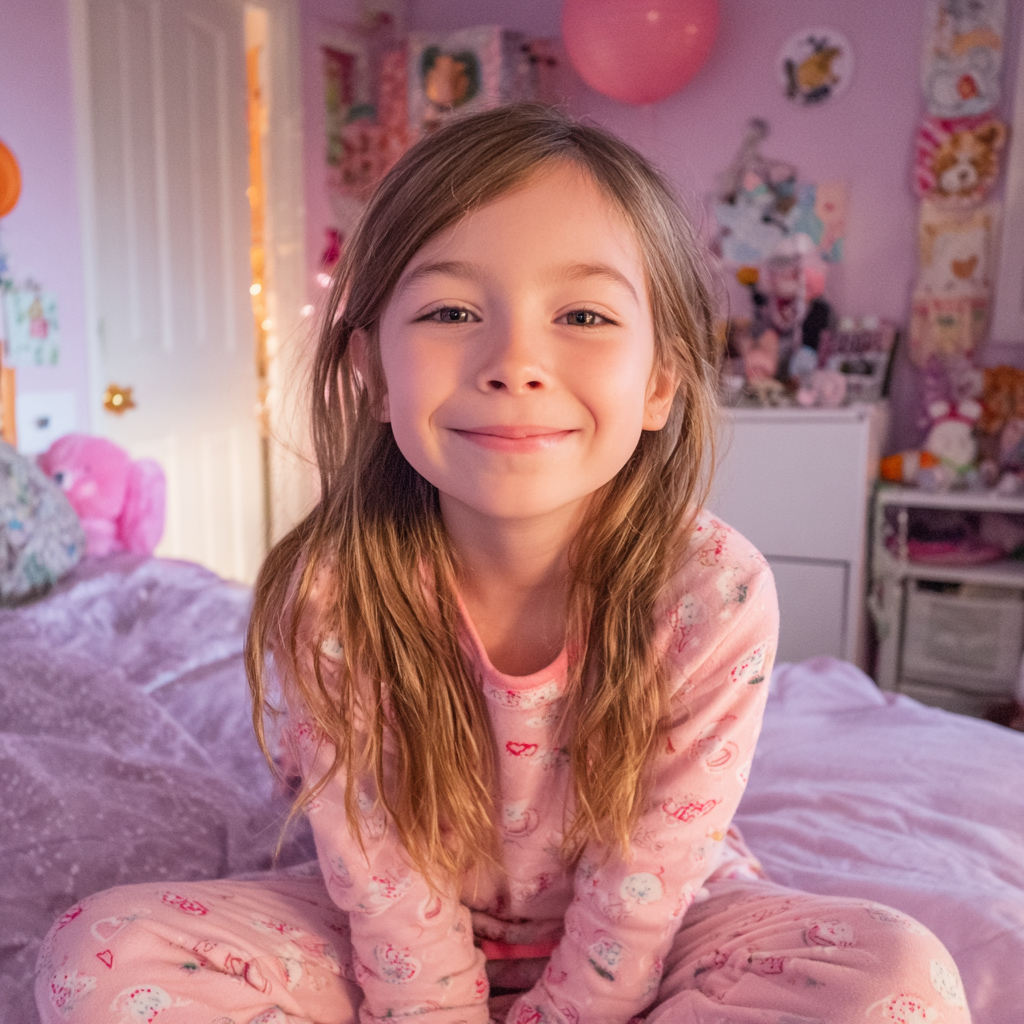Una niña sentada en su cama | Fuente: Midjourney
