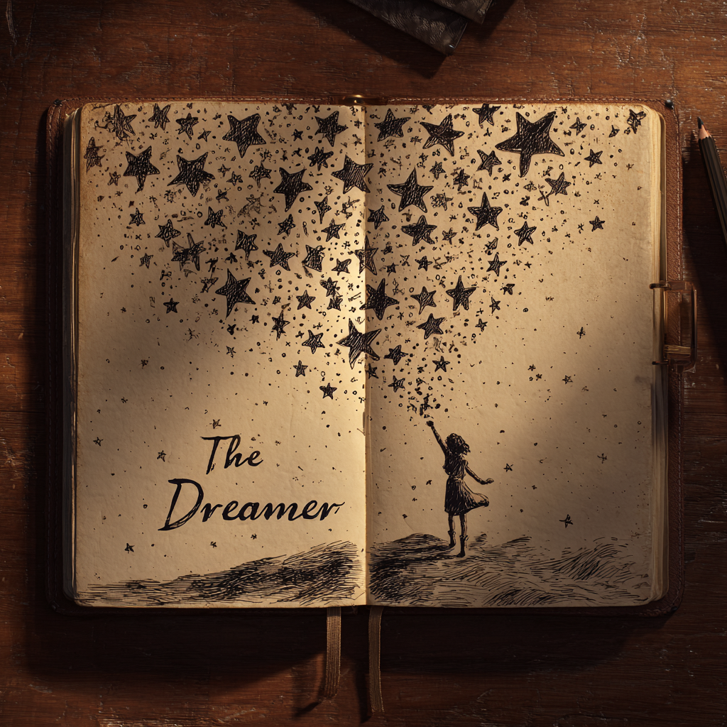 Dibujo de una niña alcanzando las estrellas en un diario | Fuente: Midjourney