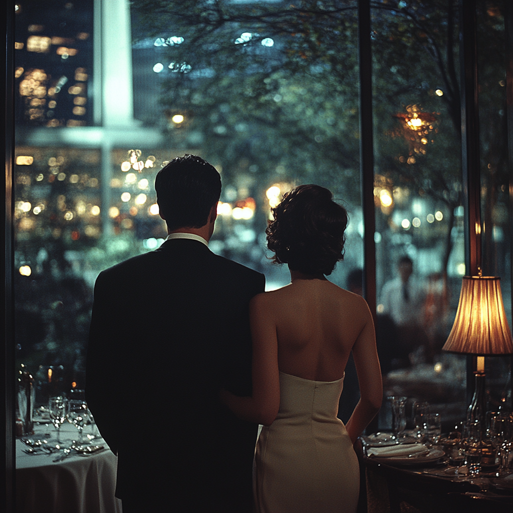 Pareja abrazada en un bonito restaurante | Fuente: Midjourney