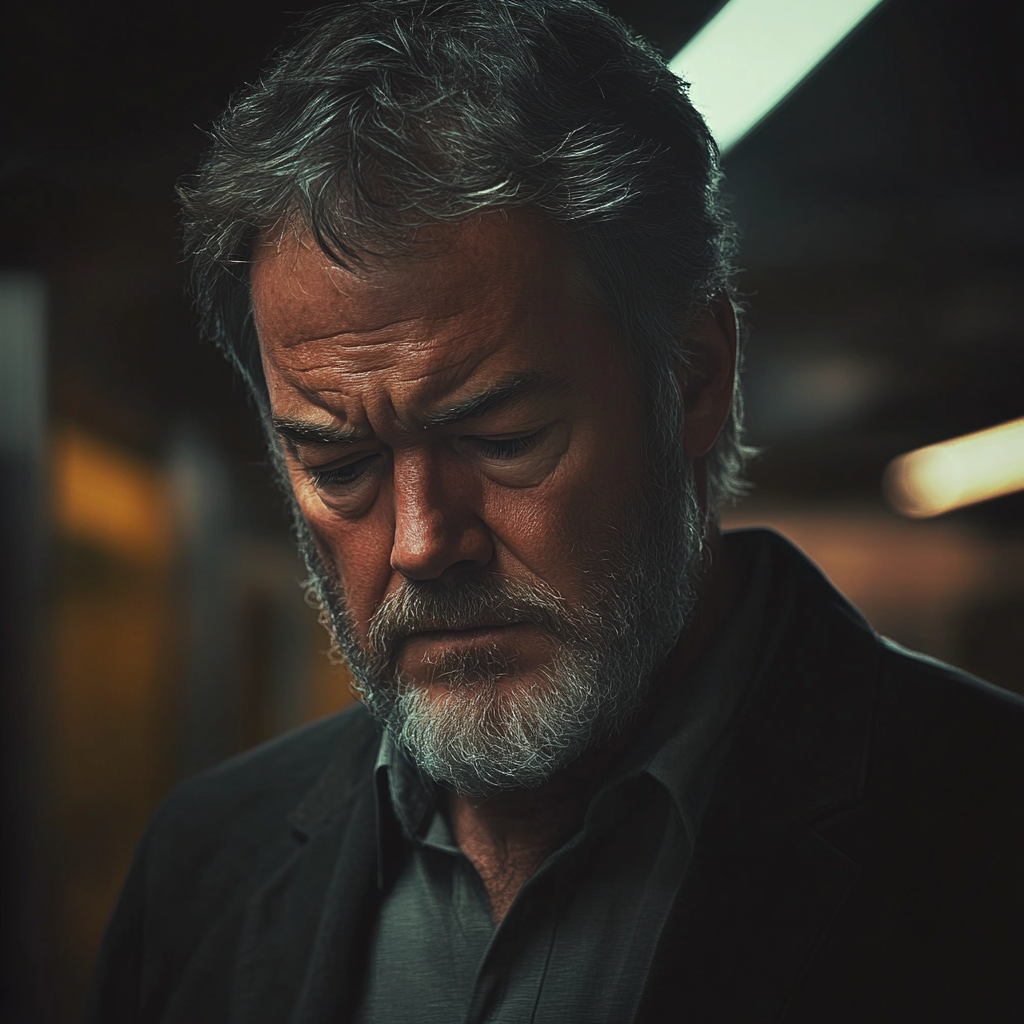 Un hombre emocionado con la mirada baja | Fuente: Midjourney