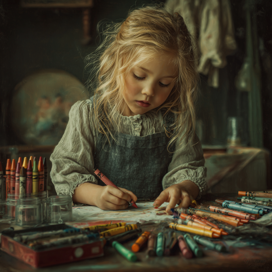 Una niña dibujando con crayones | Fuente: Midjourney
