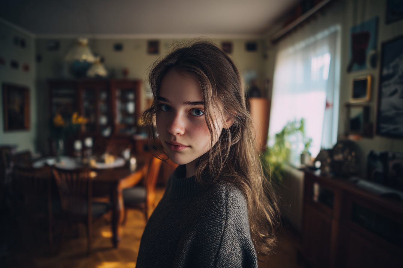 Una niña de pie en su casa | Fuente: Midjourney
