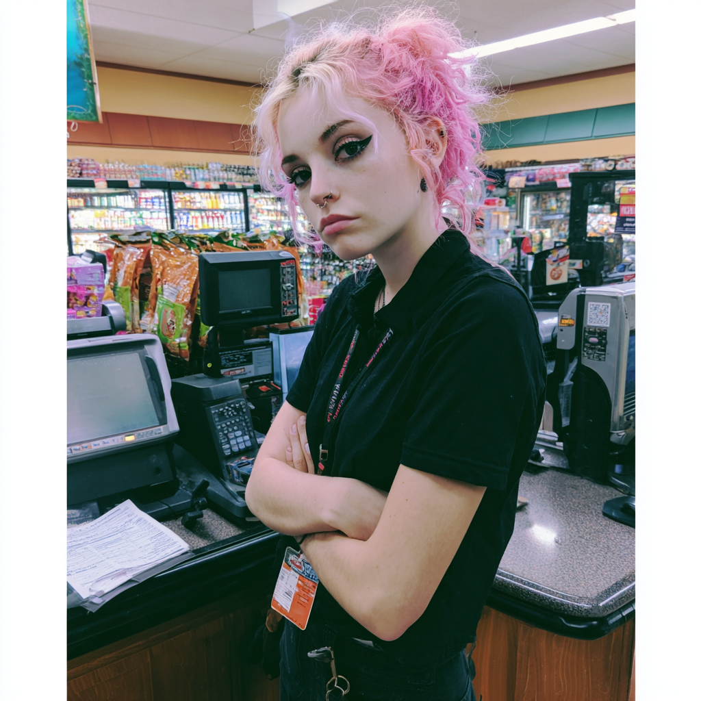 Una cajera de brazos cruzados | Fuente: Midjourney