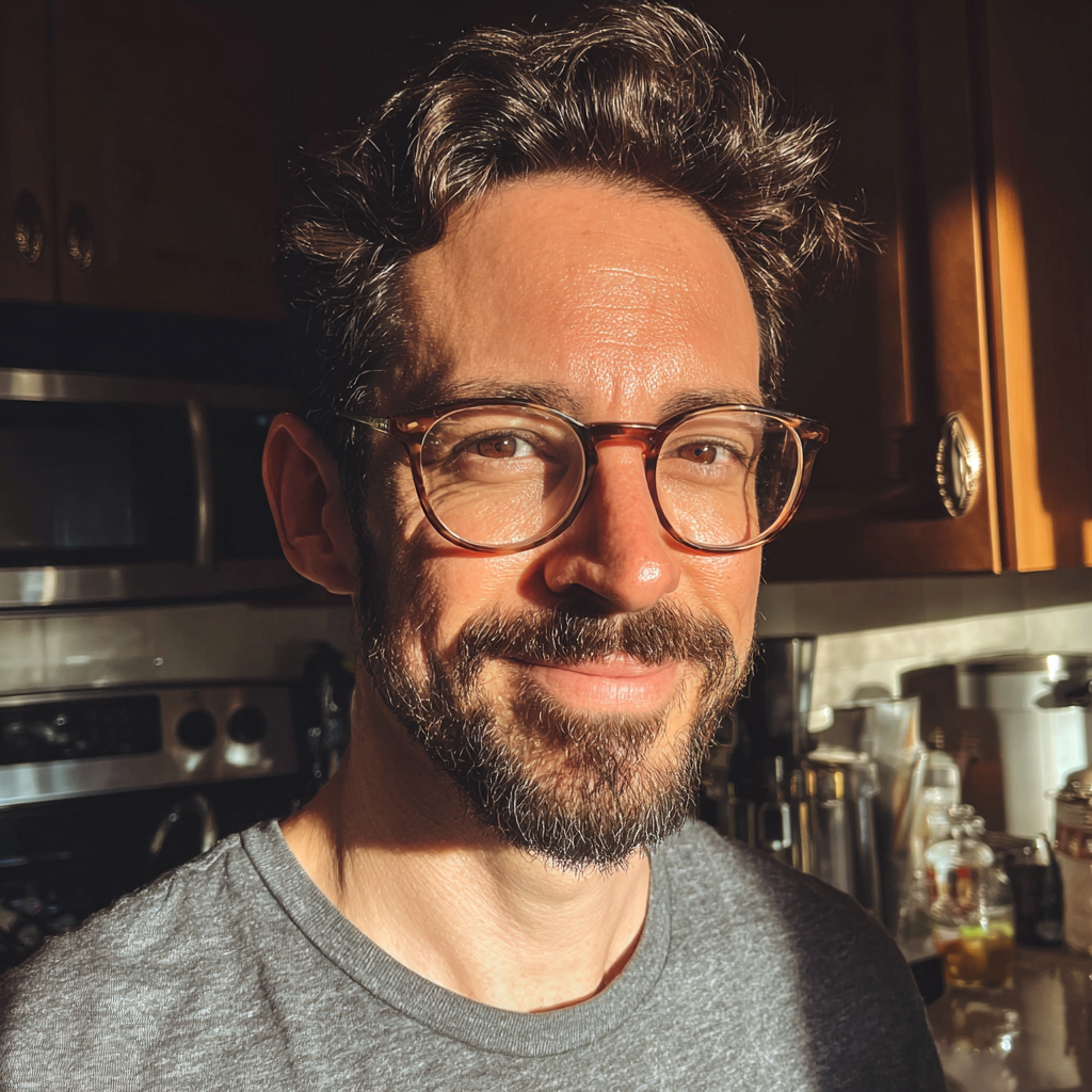 Un hombre sonriente de pie en una cocina | Fuente: Midjourney