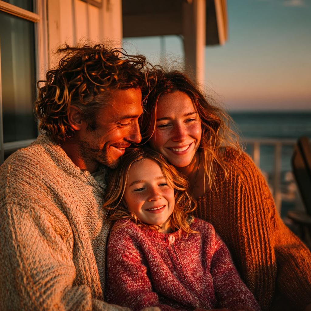 Una familia feliz al aire libre durante una puesta de sol | Fuente: Midjourney