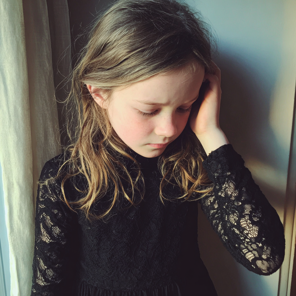 Una emotiva niña con un vestido negro | Fuente: Midjourney