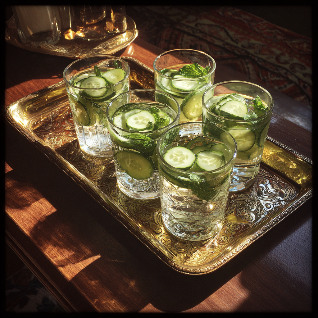 Una bandeja de agua de pepino | Fuente: Midjourney
