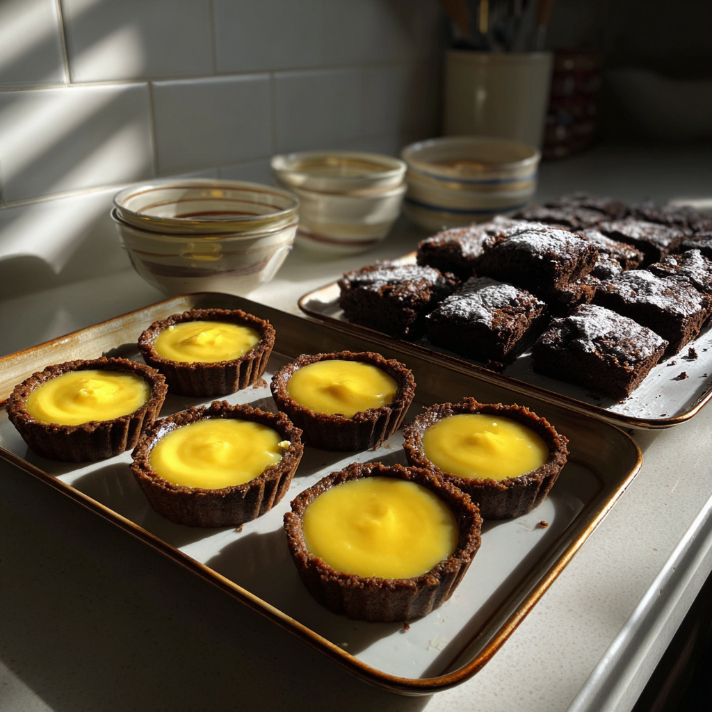 Tartas de cuajada de limón y brownies de chocolate en la encimera de una cocina | Fuente: Midjourney